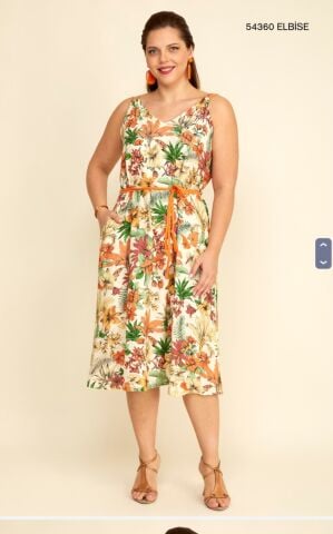 Büyük Beden Oranj Desenli  Kolsuz Viskon Efil Efil Elbise