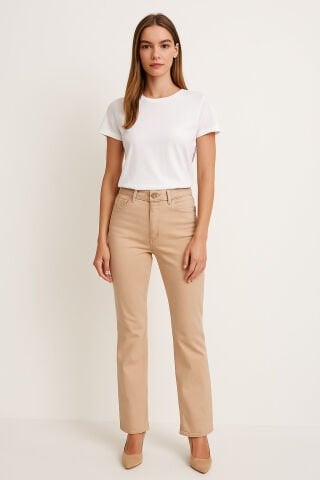 Likralı Bej Rengi Dar Paça Pantalon