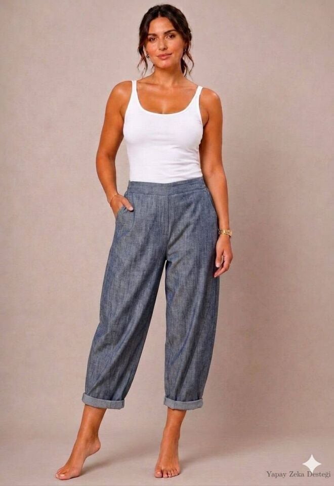 Jean Likralı Yarım Şalvar Bilekte  Pantalon