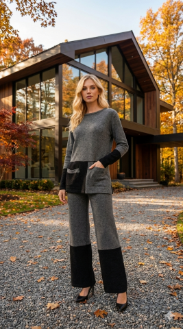 Gri ve Siyah Kombinli Pantolonlu Triko Takım