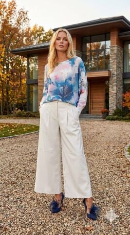 Kemik Mavi Desenli  İtalyan  Merserize Triko Bluz