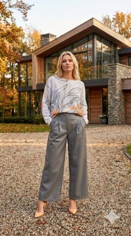 Kemik  Gri  Sarı Desenli  İtalyan  Merserize Triko Bluz