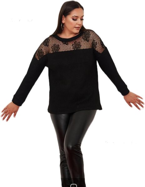 Büyük Beden Siyah Robası  Dantelli  Triko Bluz