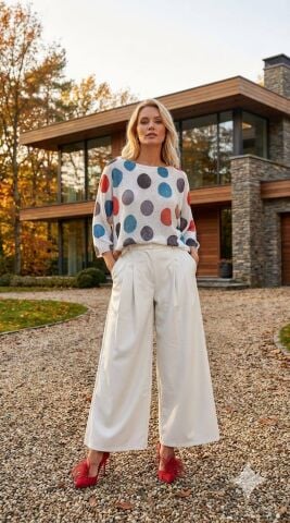 Kemik  renkli puantiyelş   Desenli  İtalyan  Merserize Triko Bluz