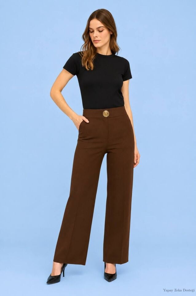 Kahve Rengi Bol Paca Kalın Kemerli  Pantalon