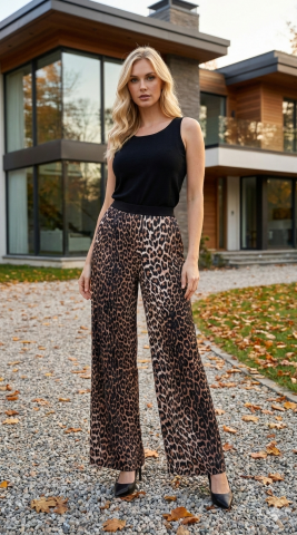 Leopar Desenli Saten Bol Paça Pantolon