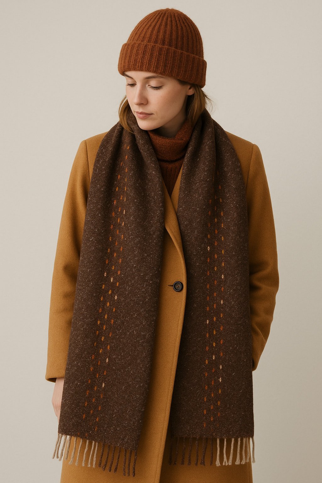 Kahve Benekli Desenli Kaşmir Şal