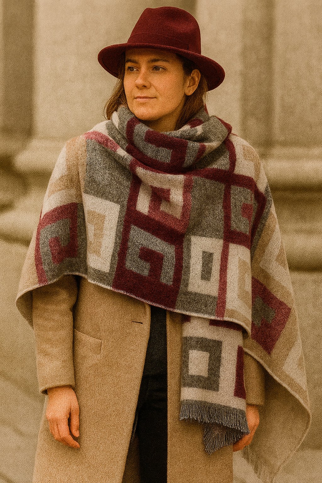 Bordo Grili Harf Desenli  Şal