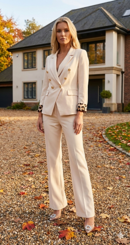 Kemik Rengi Gabardin Kruvaze Dore Düğmeli Ceket