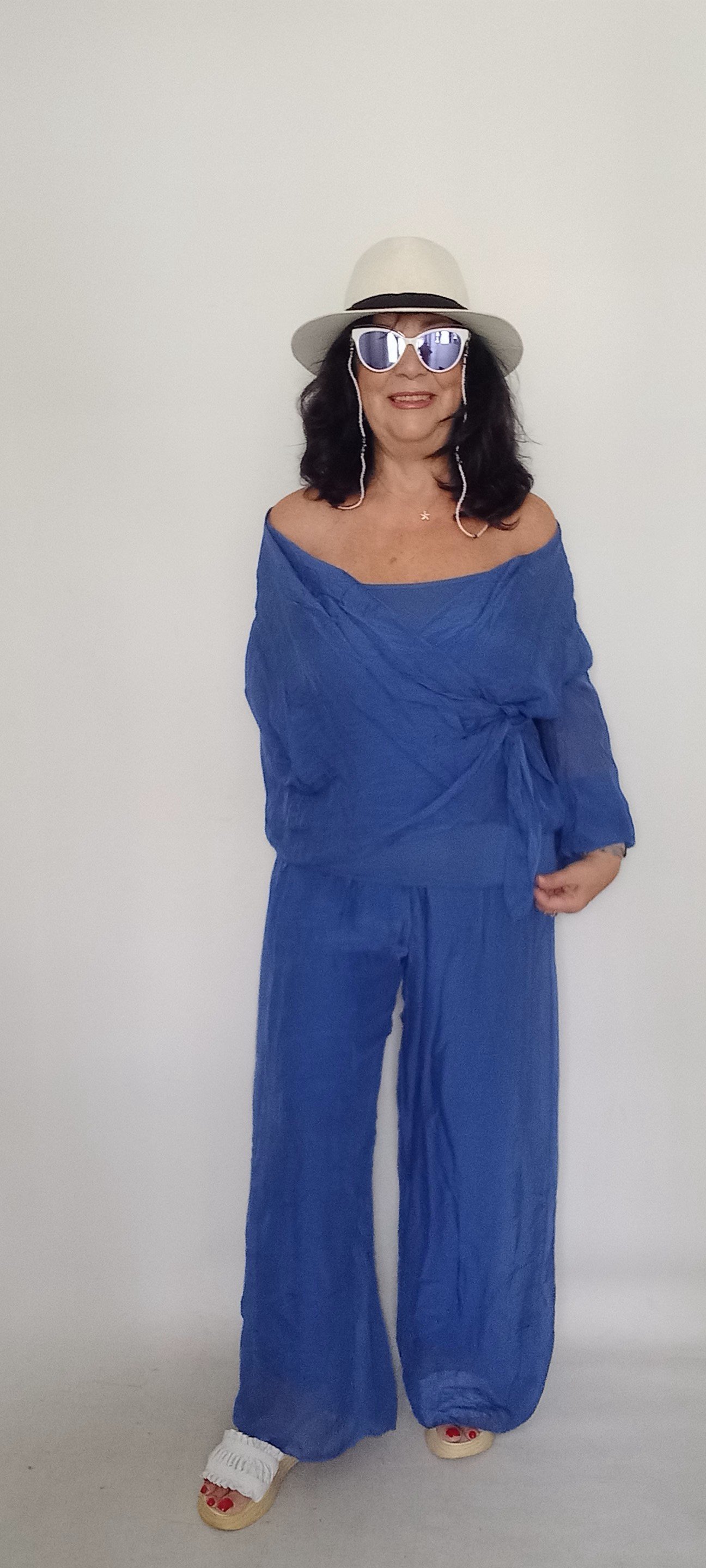 İtalyan Saks Rengi Hakiki İpek bluzu kruvaze Takım