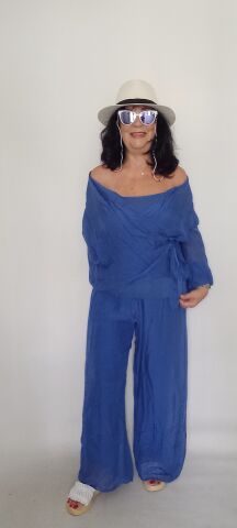 İtalyan Saks Rengi Hakiki İpek bluzu kruvaze Takım