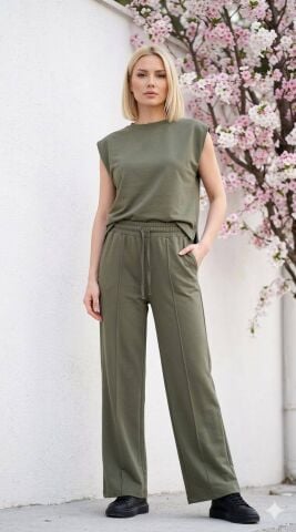 Viskon Penye  Haki Rengi Bol Paça  Beli Lastikli Pantalon