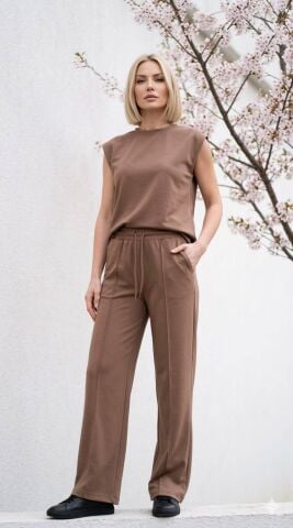 Viskon Penye  Taba  Rengi Bol Paça  Beli Lastikli Pantalon