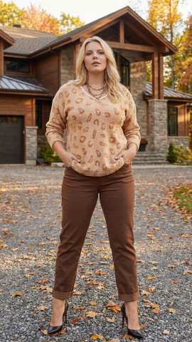 Bej Leopar Desenli Yumuşak Triko Bluz
