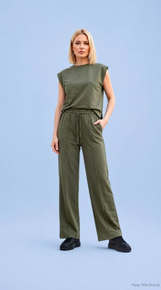 Haki  Kolsuz Viskon Penye   Kısa Bluz Ve Pantalon Takım