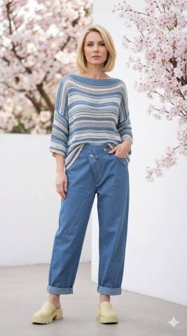 Mavi Çizgili Salaş  Merserize Triko