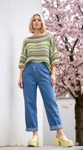 Haki Çizgili Salaş  Merserize Triko