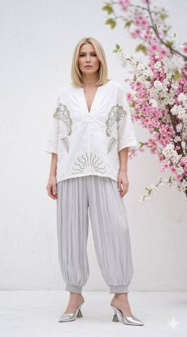 İtalyan Beyaz Önü  Vizon Rengi İşlemeli Salaş  Vual Gömlek