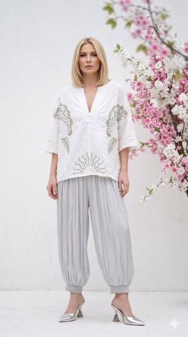 İtalyan Beyaz Önü  Vizon Rengi İşlemeli Salaş  Vual Gömlek