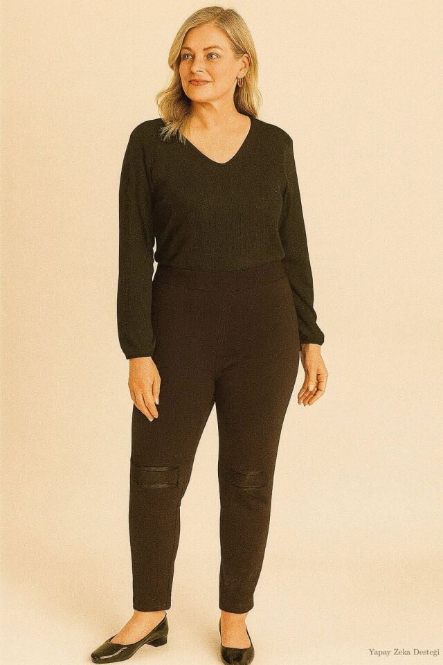 Büyük Beden  Kahve Tayt Yamalı  Pantalon