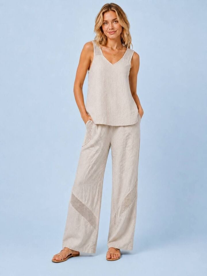 Keten Bej Rengi Ön Arka V File Detaylı Tünik İle Bol Paça Pantalon Takım