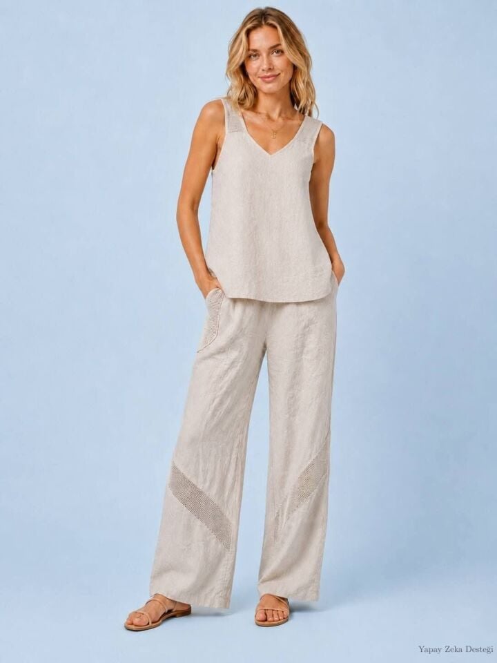 Keten Bej Rengi Ön Arka V File Detaylı Tünik İle Bol Paça Pantalon Takım