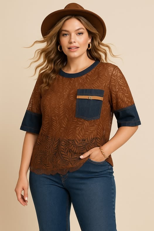 Taba Dantel Jean Detaylı Bluz