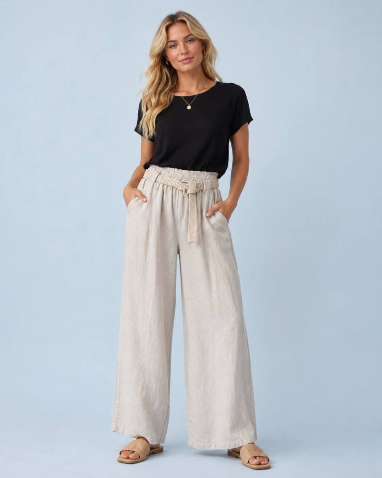 Keten Bol Paça İtalyan Örgü Kemerli Pantalon