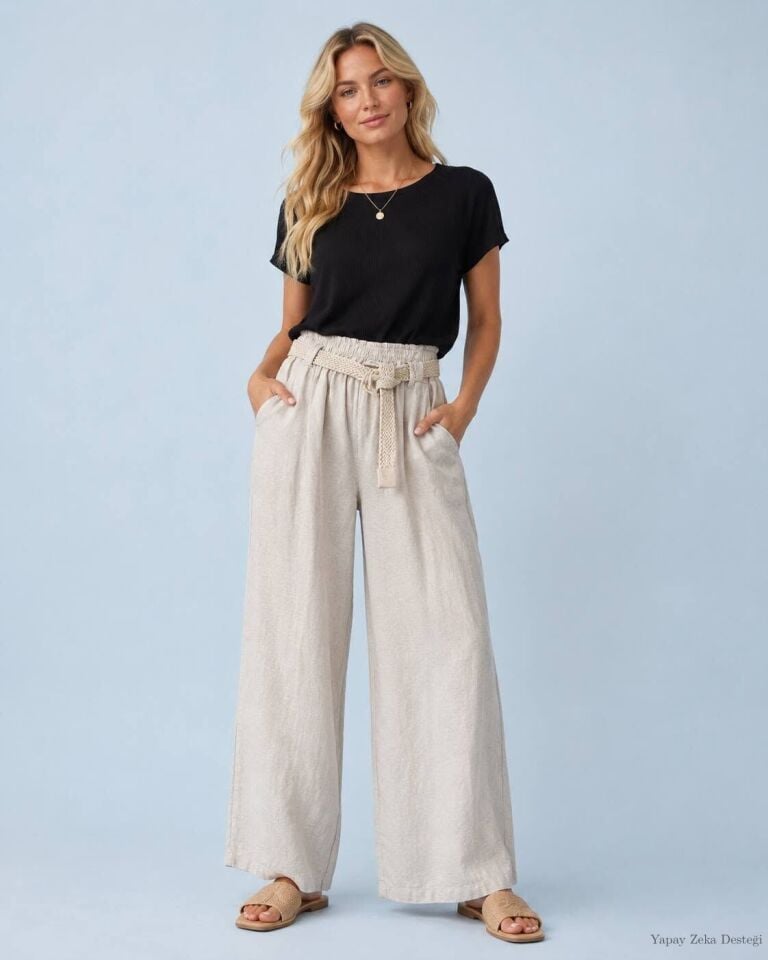 Keten Bol Paça İtalyan Örgü Kemerli Pantalon