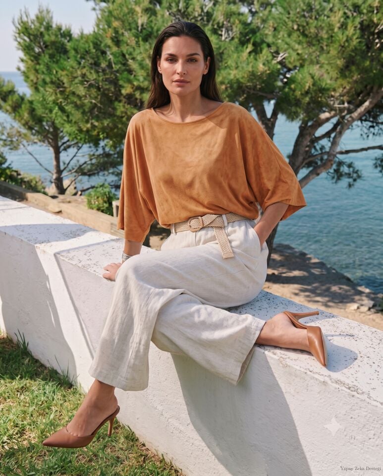Keten Bol Paça İtalyan Örgü Kemerli Pantalon
