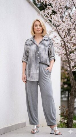 İtalyan Lacivert Boyuna  Çizgili Keten  Gömlek