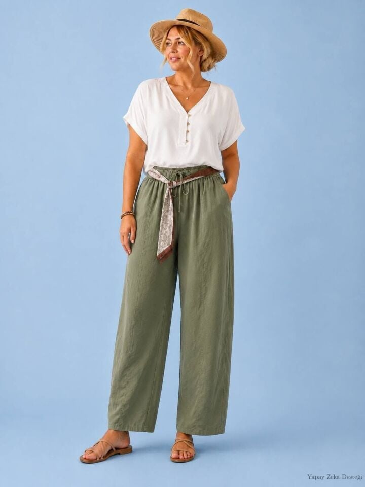 Poplin Likralı  Açık Haki Rengi Beli Büzgülü Kemerli Pantalon