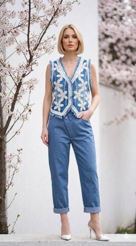 İtalyan Jean İşlemeli Yelek