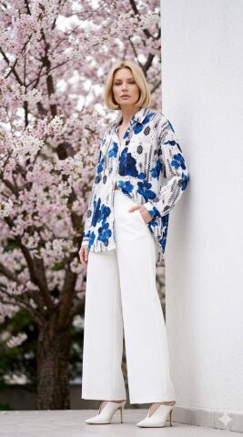 Beyaz İtalyan Üstünde Lacivert İşlemeli Çiçekleri Olan Salaş Gömlek