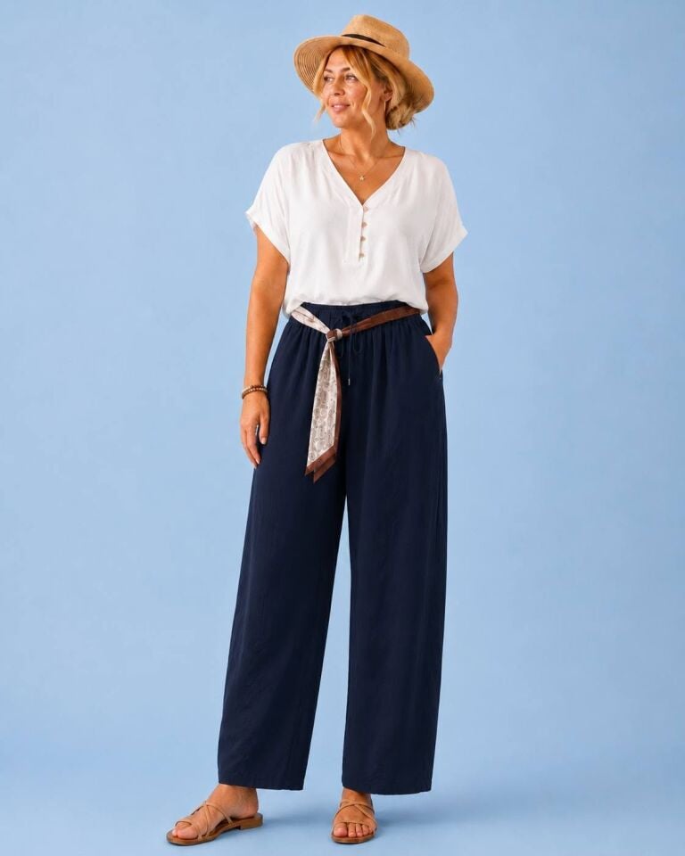Poplin Likralı  Lacivert Rengi Beli Büzgülü Kemerli Pantalon
