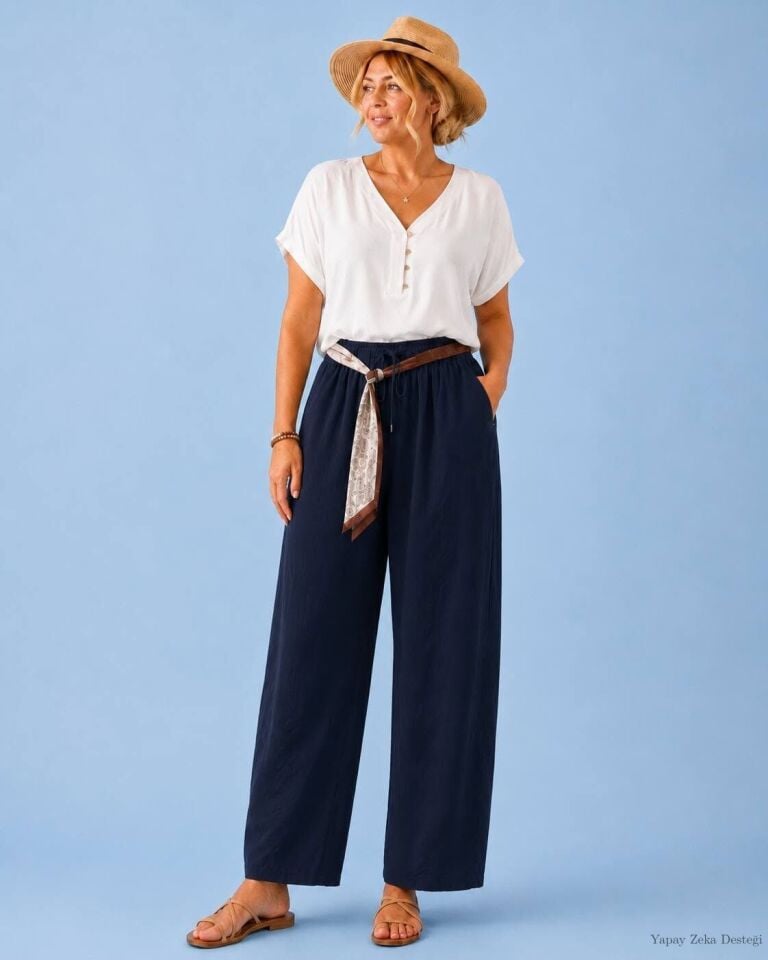 Poplin Likralı  Lacivert Rengi Beli Büzgülü Kemerli Pantalon