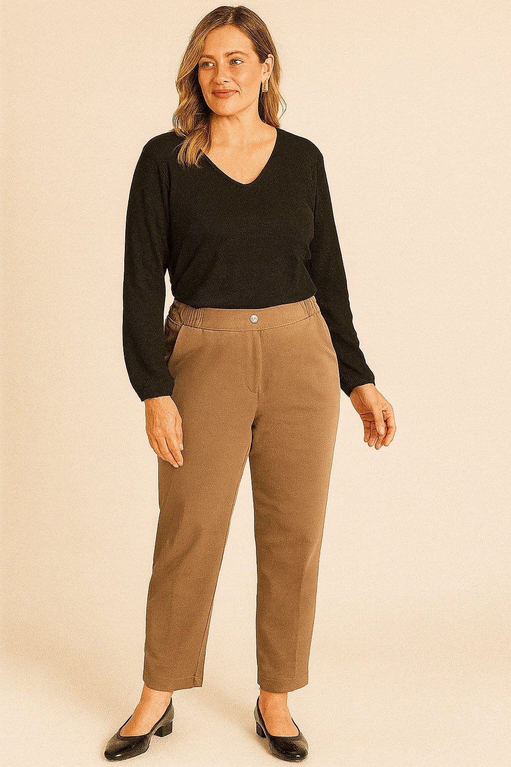 Büyük Beden Bej  Kanvas Arkası Lastikli Pantalon