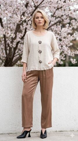 Keten İplik Bej Rengi Büyük Dügmeli Truakar Kollu Bluz