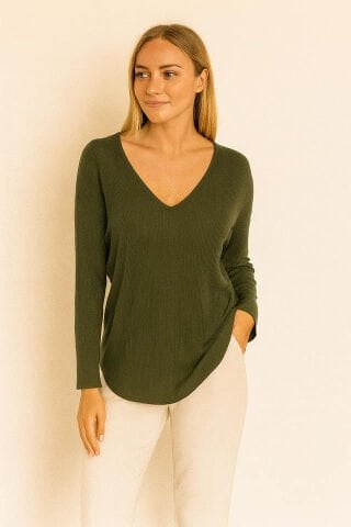 Haki Rengi V Yaka İtalyan İncecik Triko Bluz