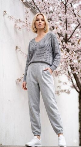 Gri Viskon  Penye Pileli  Eşofman Pantalon