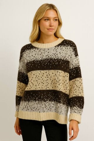Bej Siyah İtalyan Kartaneleri  Desenli Triko Kazak