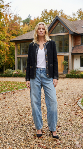 Kaşe Kumaş Dore Düğmeli Deri Garnili Siyah Ceket