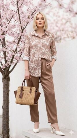 İtalyan Vizon Rengi Desenli Vual İşlemeli Gömlek