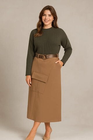 Camel Rengi Kruvaze Cepli Gabardin Etek – İtalyan Kesim