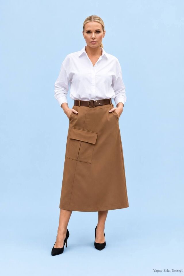 Camel Rengi Kruvaze Cepli Gabardin Etek – İtalyan Kesim