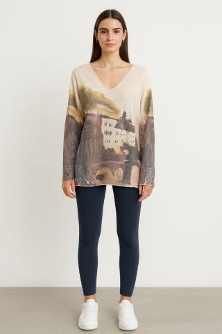 İtalyan Bej Rengi Pano Desenli V Yaka Bluz Yumusacık