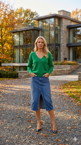 Yeşil Ön Arka V Yaka Arkasında Fiyonk Şeklinde Aksesuarı Olan Triko Kazak