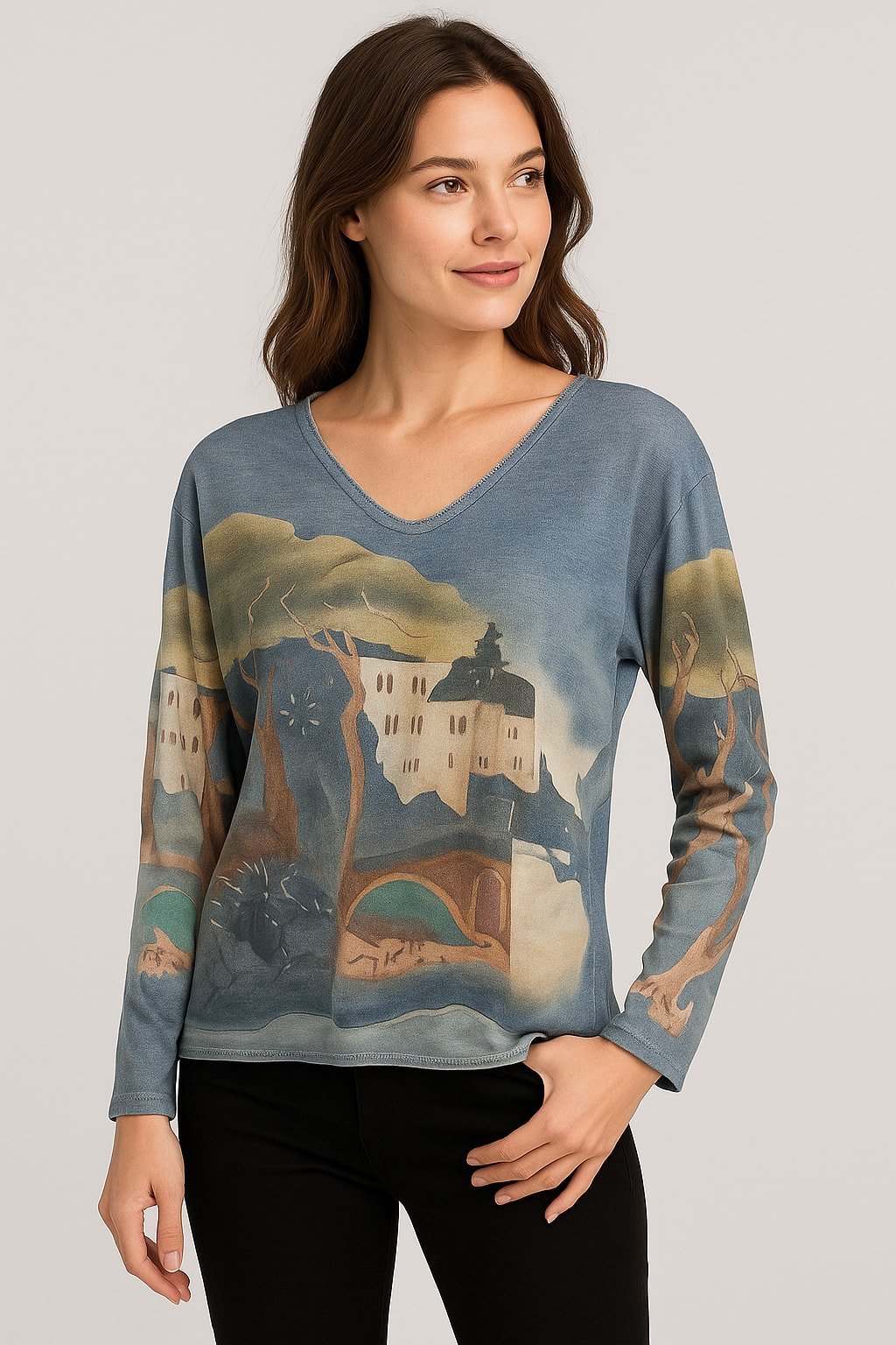 İtalyan Mavi Rengi Pano Desenli V Yaka Bluz Yumusacık