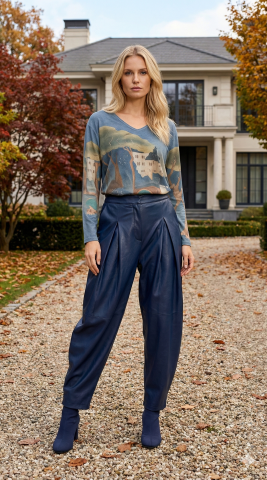 İtalyan Mavi Rengi Pano Desenli V Yaka Bluz Yumusacık