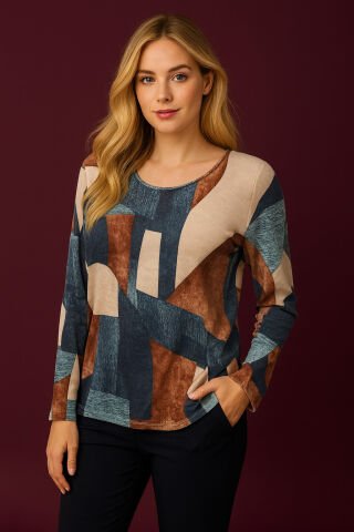 İtalyan Mavi Kübik Desenli Yumuşacık Bluz